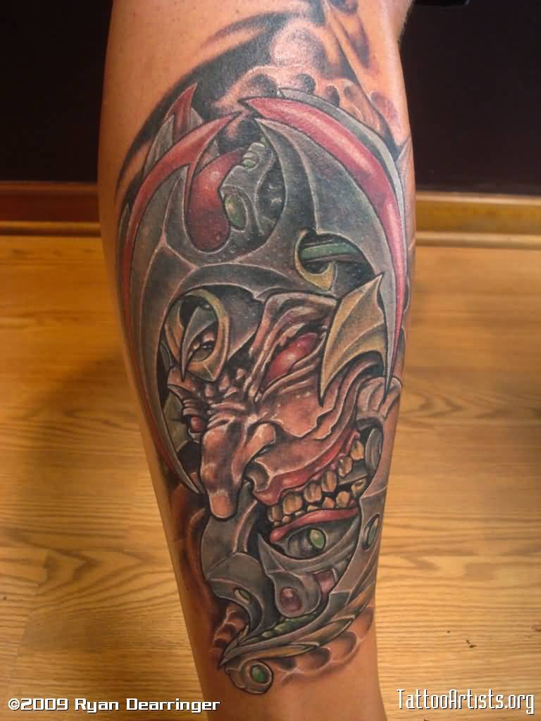 Awesome Evil Jester Head Color Tattoo On Arm Sleeve