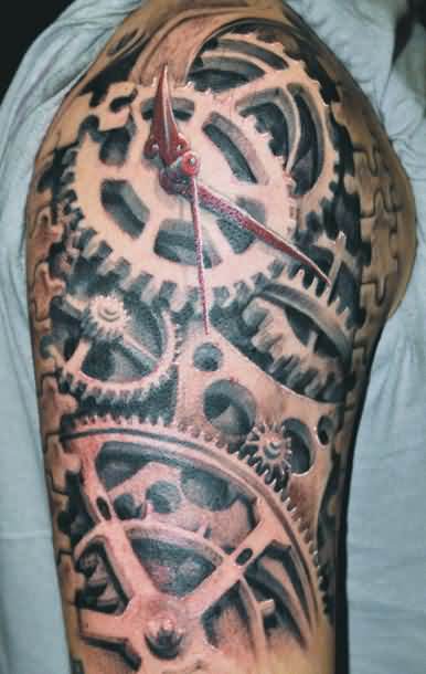 Awesome Grey 3D Mechanic Gears Tattoo On Right Half Sleeve