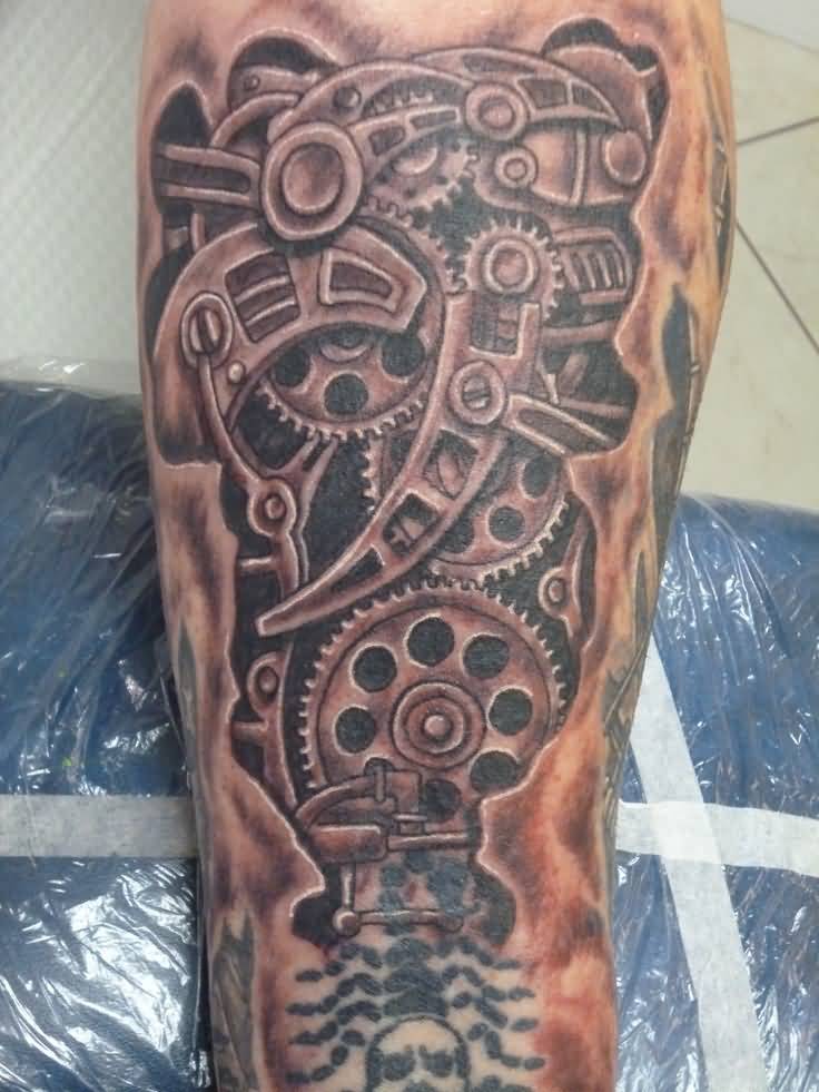 Awesome Grey 3D Mechanical Gears Tattoo By Joel