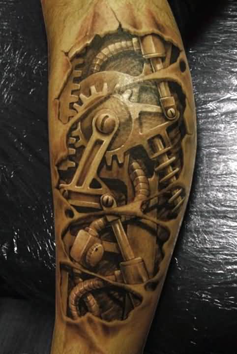 Awesome Grey 3D Mechanical Gears Tattoo