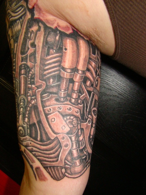 Awesome Grey Biomechanical Bicep Tattoo