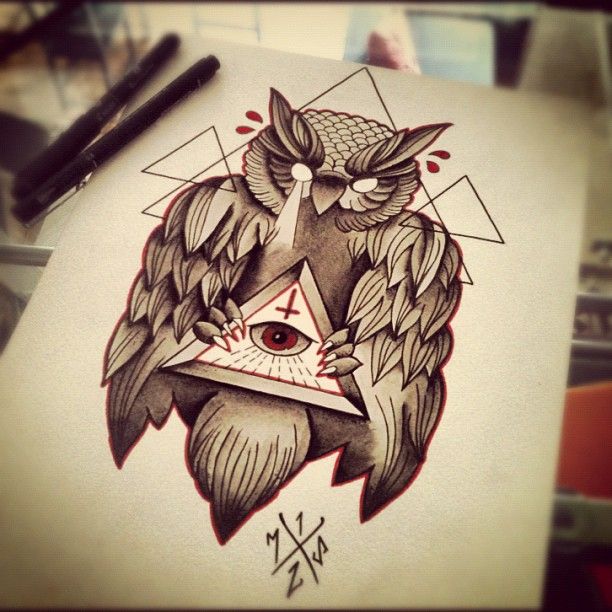 Awesome Grey Ink Owl And Triangle Eye Tattoo Design