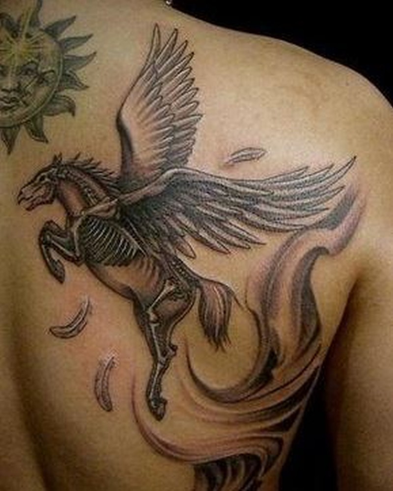 Awesome Grey Ink Pegasus Body With Skeleton Tattoo On Upper Back