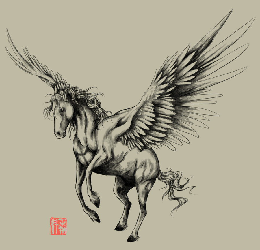 Awesome Grey Ink Pegasus Tattoo Stencil