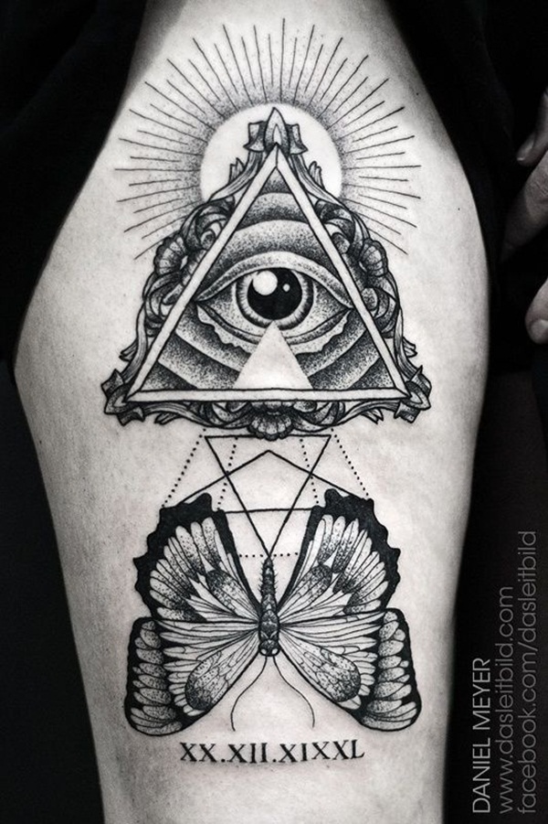 Awesome Grey Ink Triangle Eye With Butterfly Tattoo