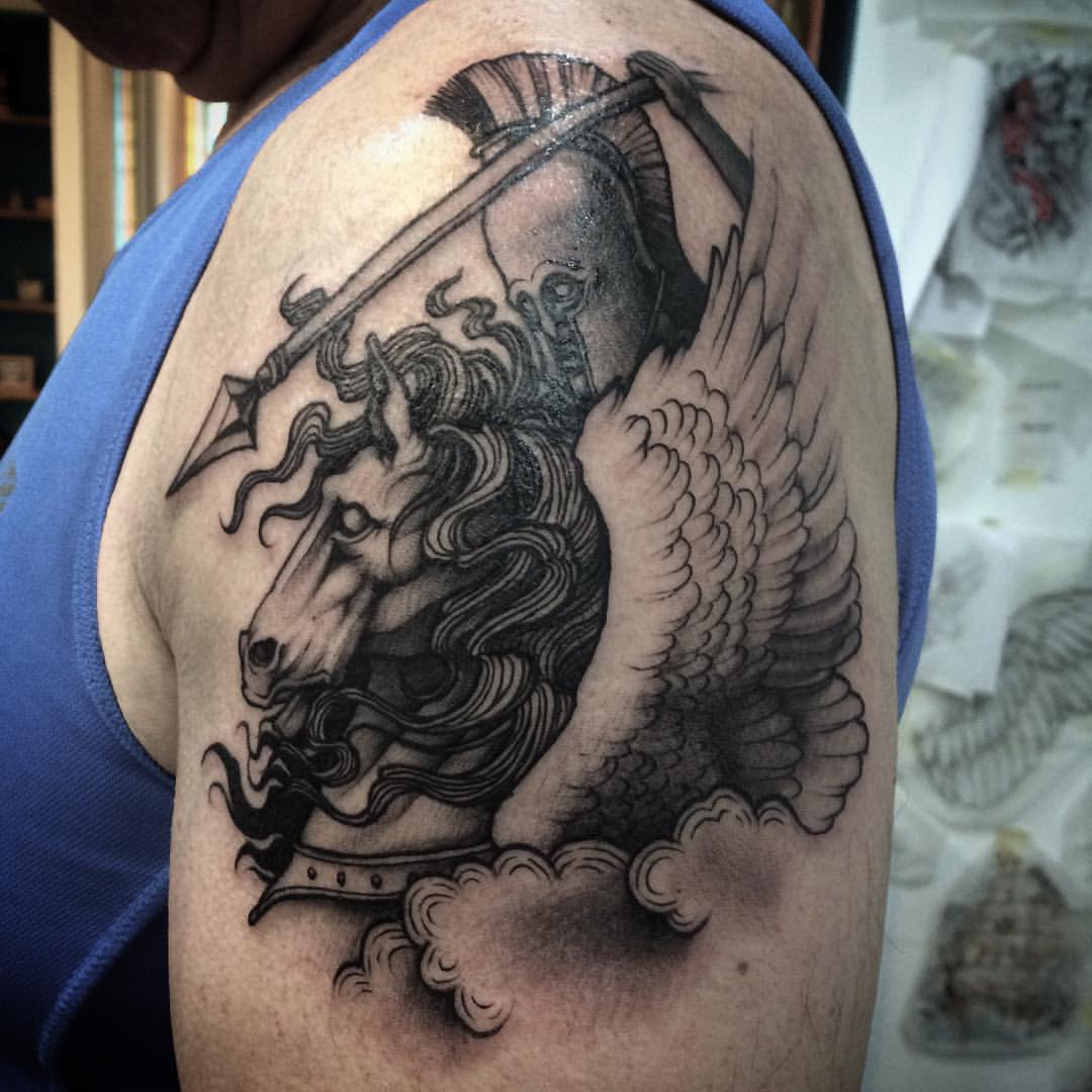 Awesome Grey Pegasus And Bellerophon Tattoo On Left Shoulder By Khang Wei