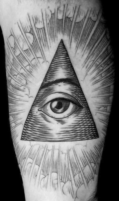Awesome Grey Triangle Eye With Rays And Clouds Tattoo