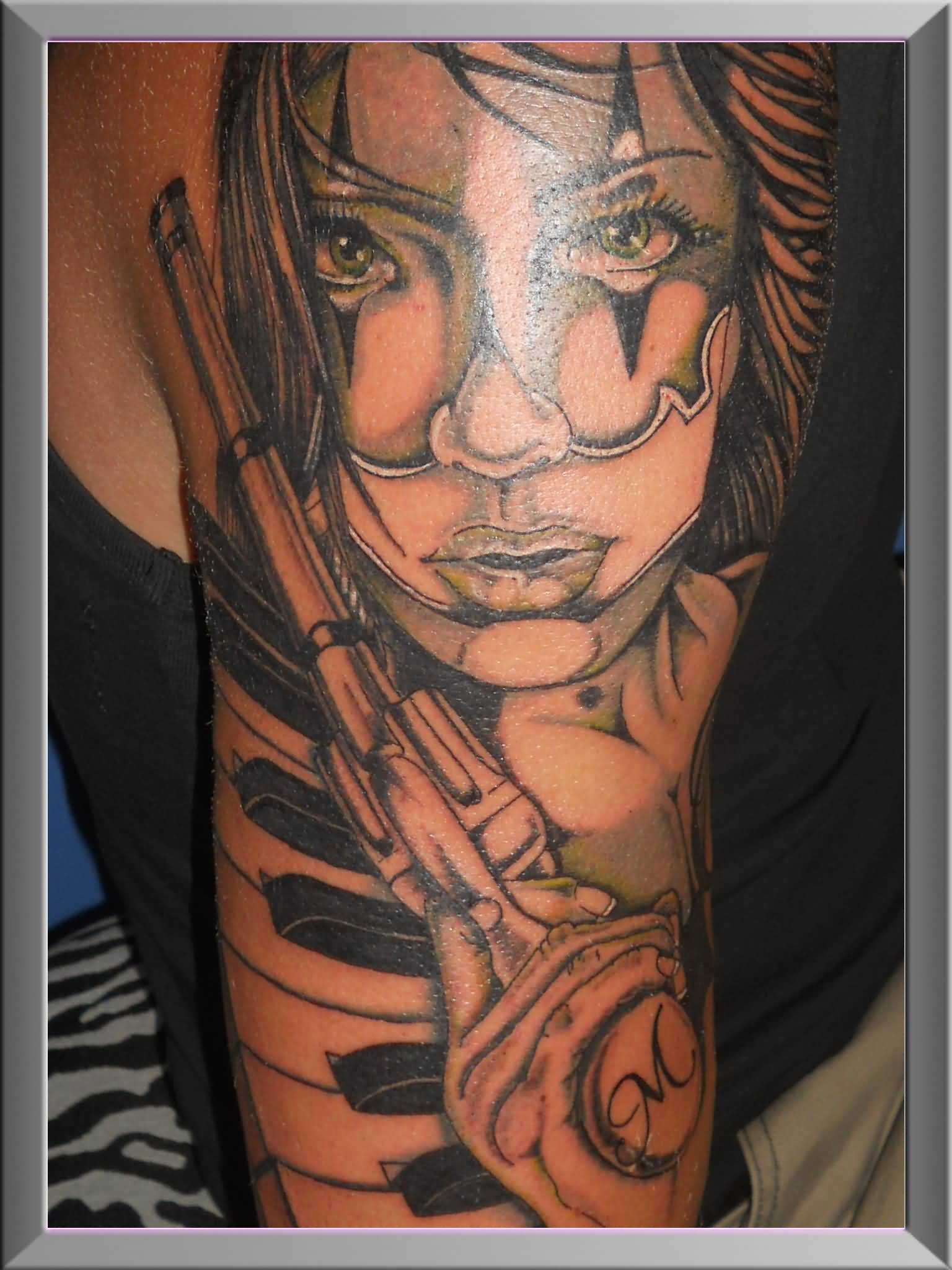Awesome Grey Women Face With Piano Keys Tattoo By Erko Jun