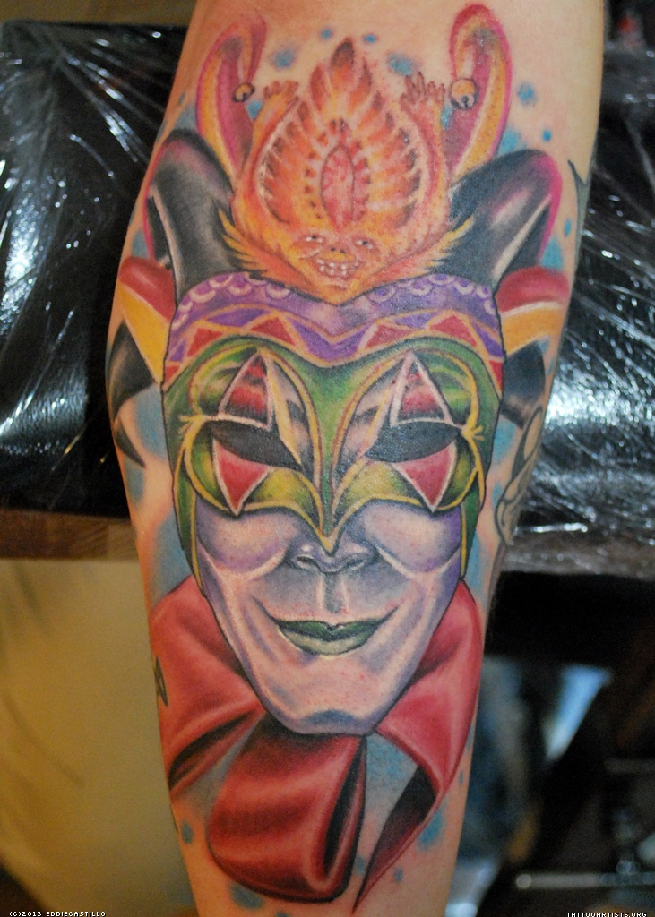 Awesome Jester Wearing Mask Color Tattoo
