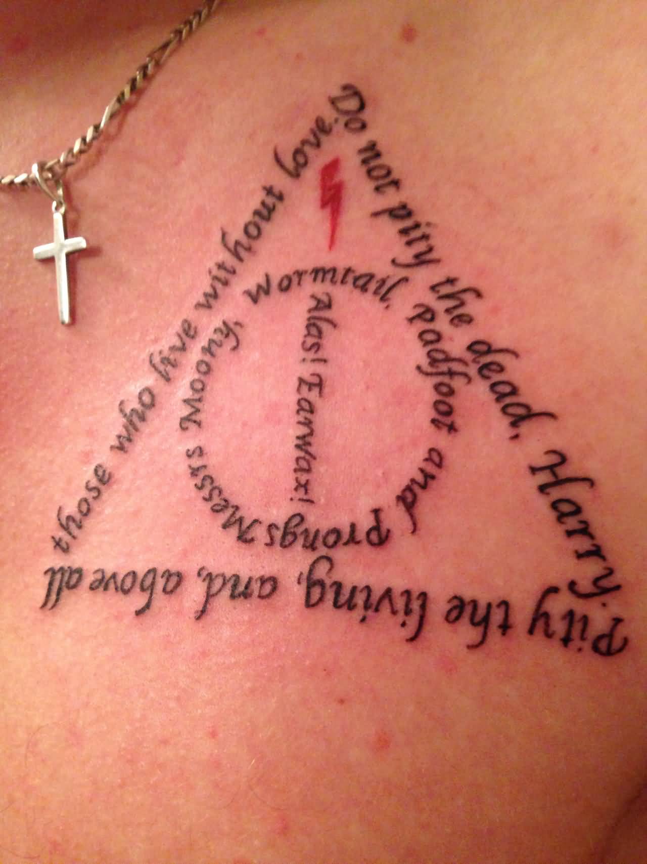 Awesome Lettering Made Deathly Hallows Tattoo On Chest