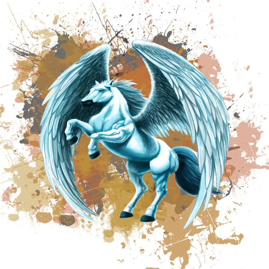 Awesome Light Blue Pegasus With Watercolor Splash Tattoo Design