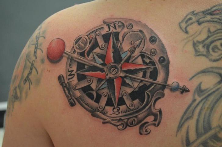 Awesome Mechanical Compass Back Shoulder Tattoo
