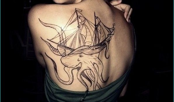 Awesome Octopus Attacking Seaship Tattoo On Back