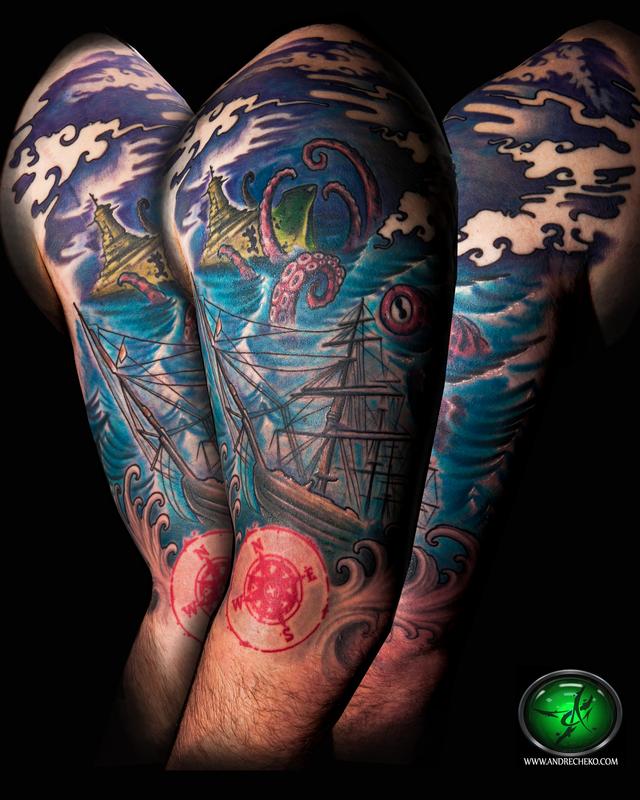 Awesome Octopus With Ship And Sea View Colorful Tattoo On Right Half Sleeve