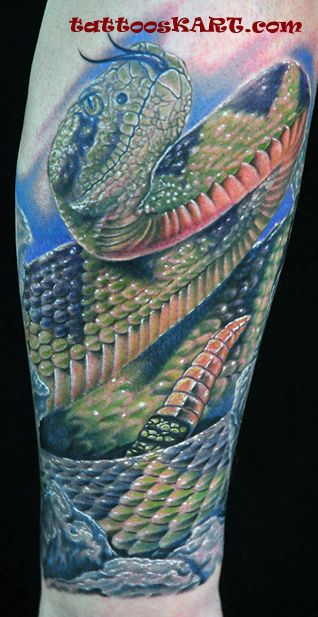 Awesome Realistic Green Reptile Snake Tattoo On Sleeve