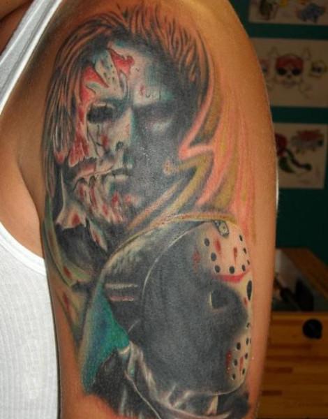 Awesome Realistic Jason And Michael Myres Tattoo On Left Half Sleeve