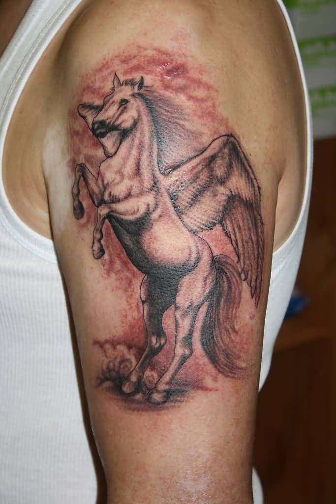Awesome Red And Grey Pegasus Tattoo On Left Shoulder