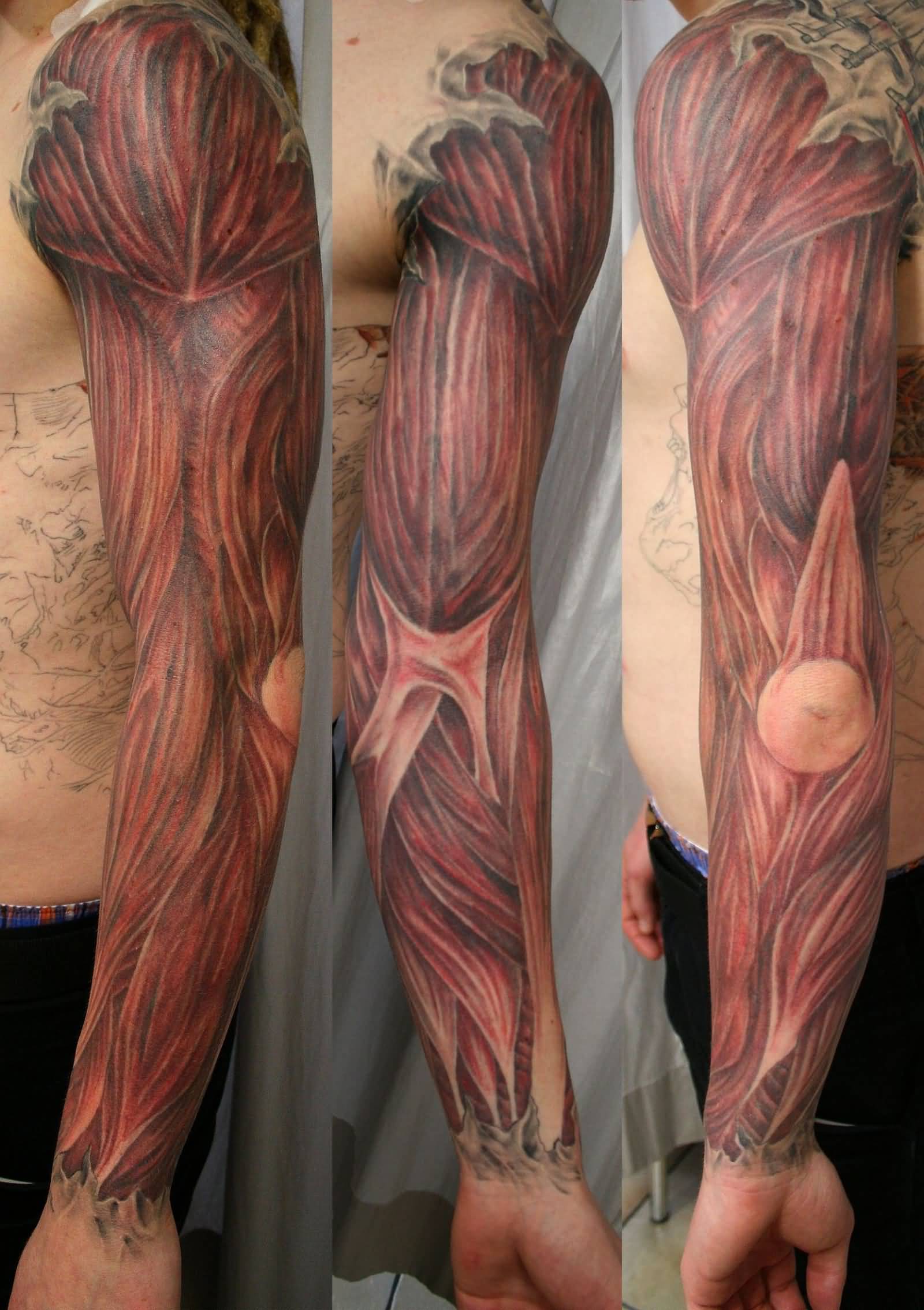 Awesome Red Muscles Left Full Sleeve Tattoo