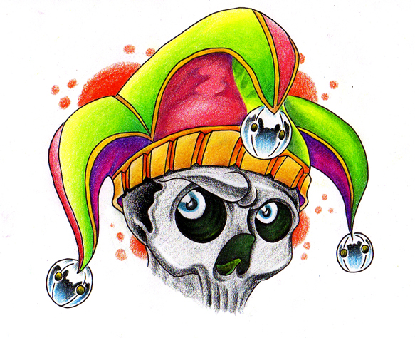 Awesome Skull Wearing Colored Jester Cap Tattoo Design