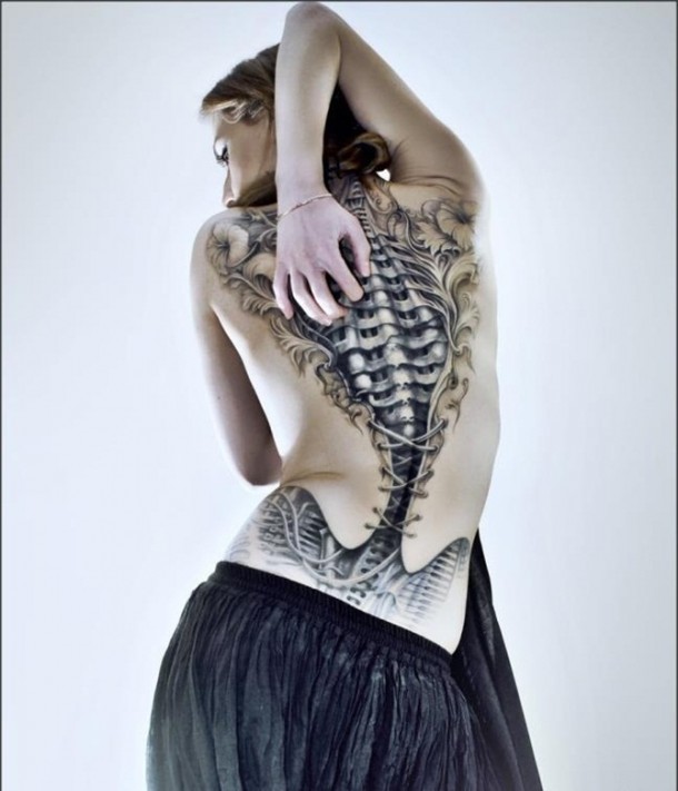 Awesome Stiched Biomechanical Tattoo On Full Back