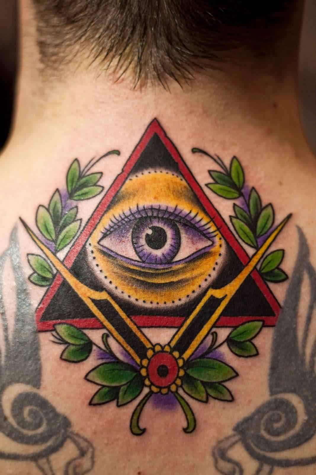 Awesome Triangle Eye Traditional Tattoo On Back Neck