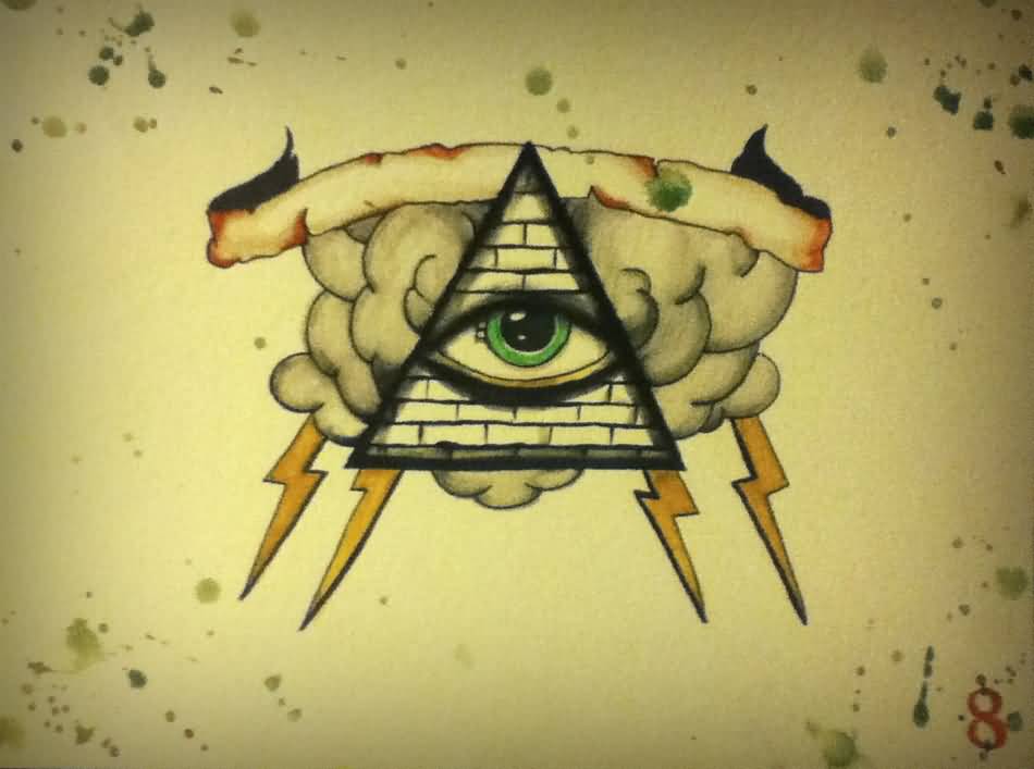 Awesome Triangle Eye With Clouds And Banner Tattoo Design By Sawythat