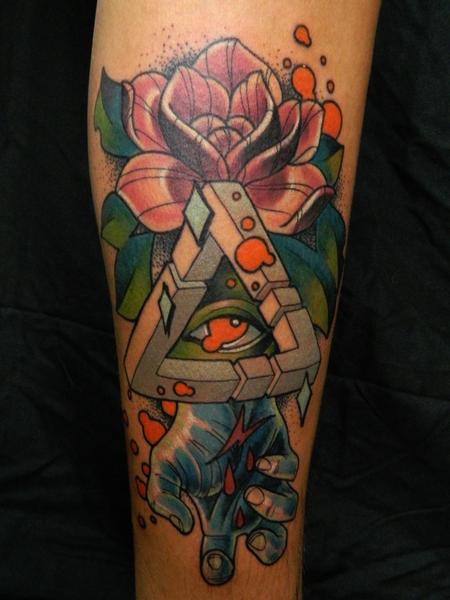 Awesome Triangle Eye With Red Rose And Hand Colorful Tattoo