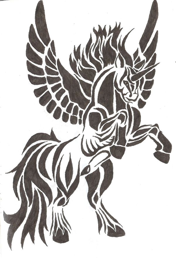 Awesome Tribal Horned Pegasus Tattoo Design