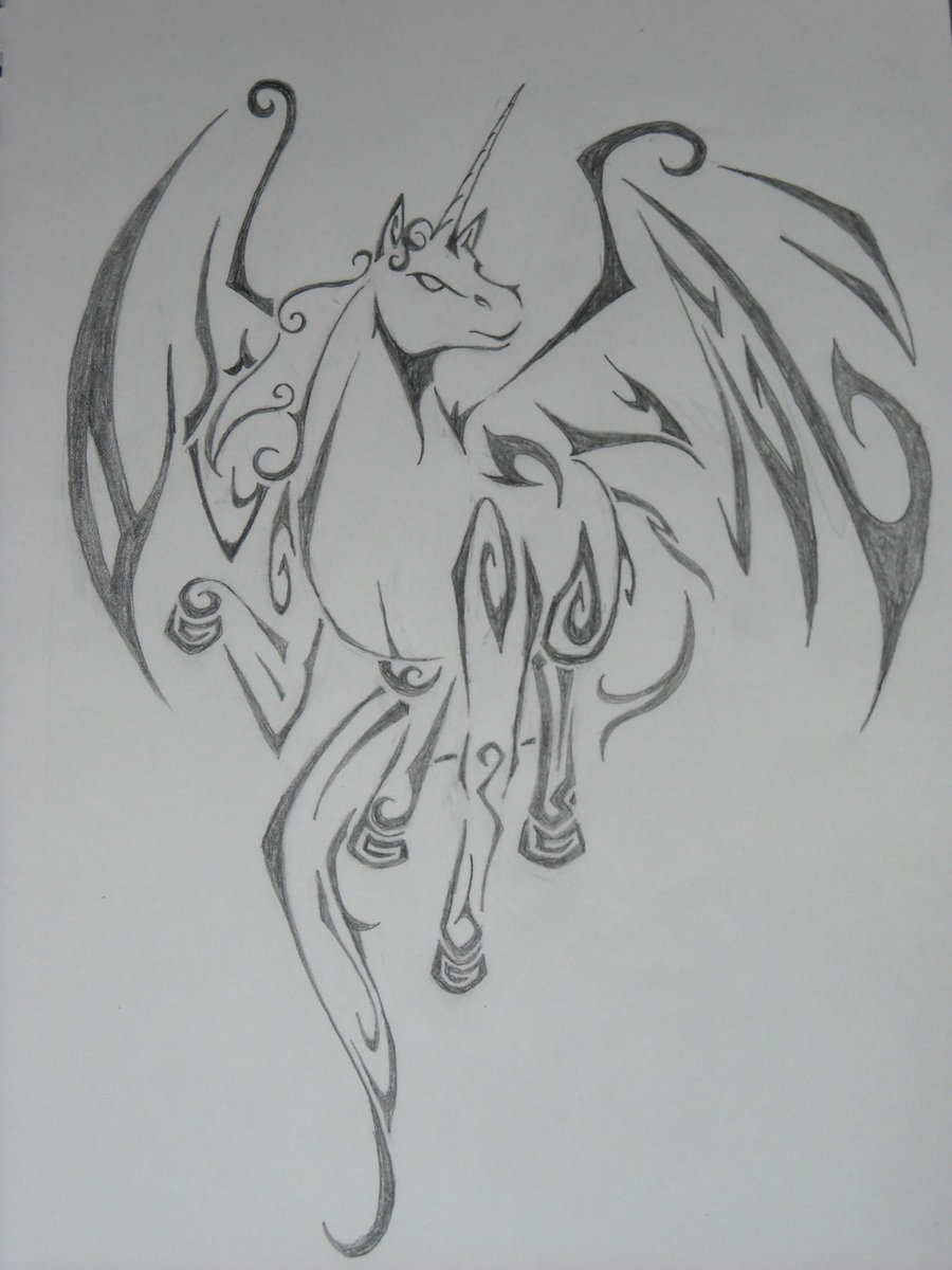 Awesome Tribal Horned Pegasus Tattoo Drawing