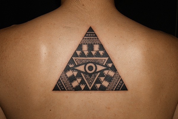 Awesome Tribal Style Triangle Eye Tattoo On Upper Back