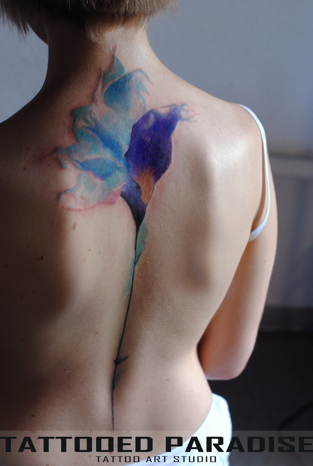 Awesome Watercolor Iris Flower Tattoo On Spine Chord By Dopeindulgence
