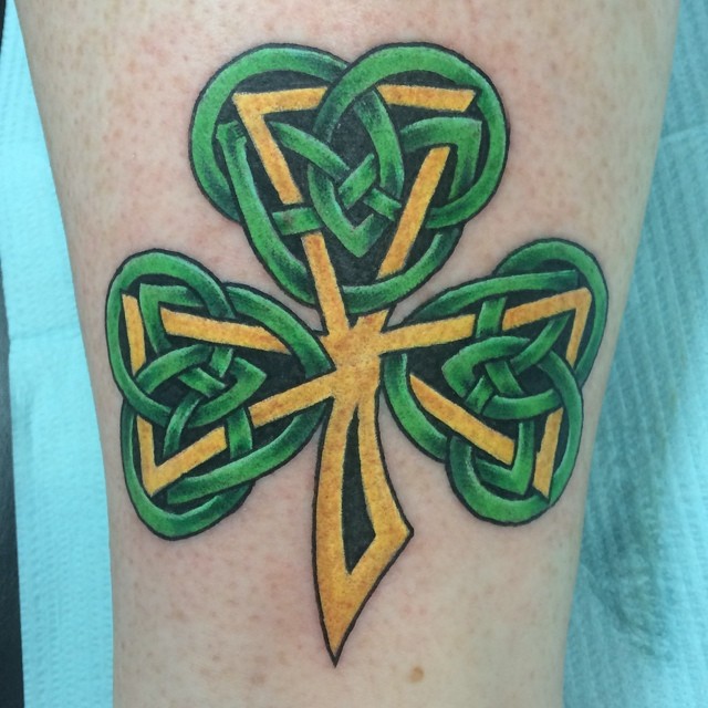Awesome Yellow And Green Celtic Shamrock Tattoo By Matt Stankis