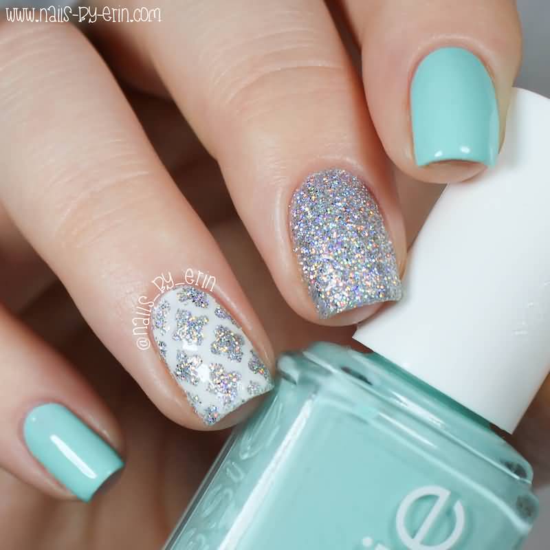 Baby Blue And Silver Glitter Floral Design Nail Art