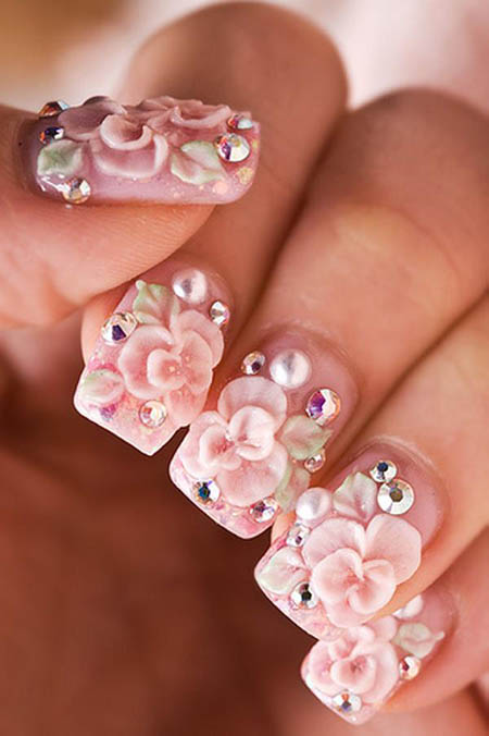 Baby Pink 3D Rose Flowers Wedding Nail Art