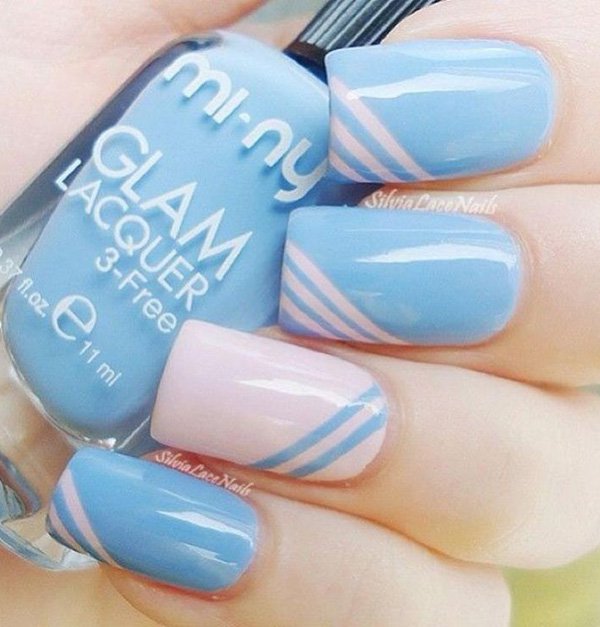 Baby Pink And Light Blue Stripes Design Nail Art