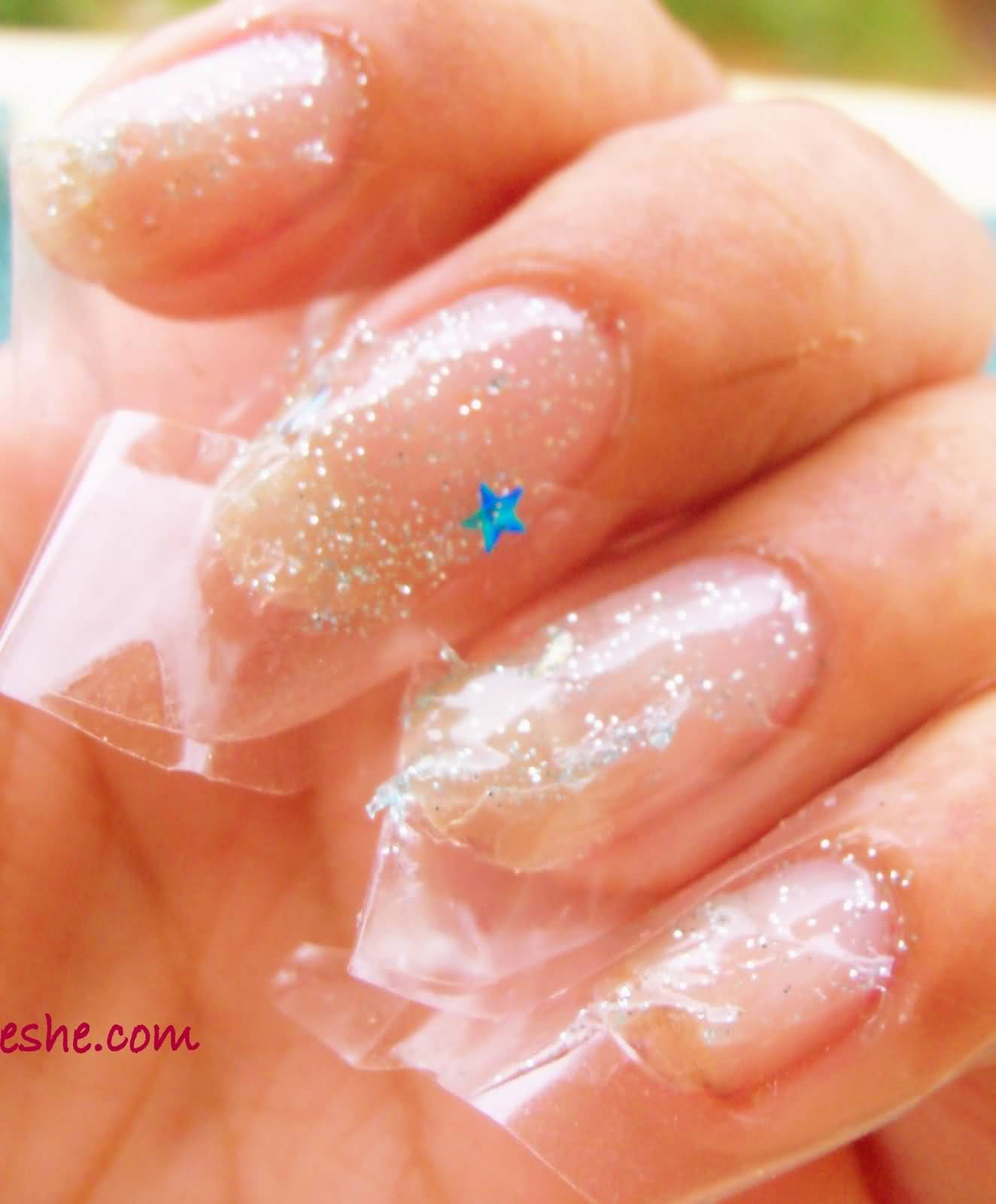 Baby Pink Nails With Glitter Tip Nail Art