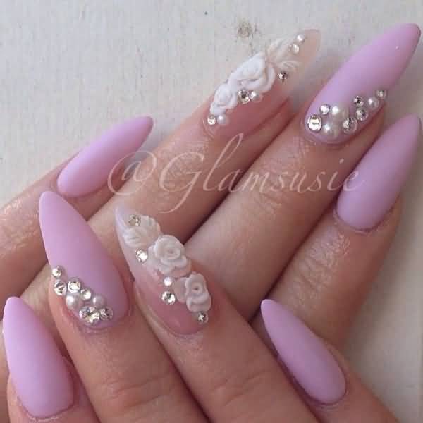 Baby Pink Nails With White 3D Rose Flowers Nail Design Idea