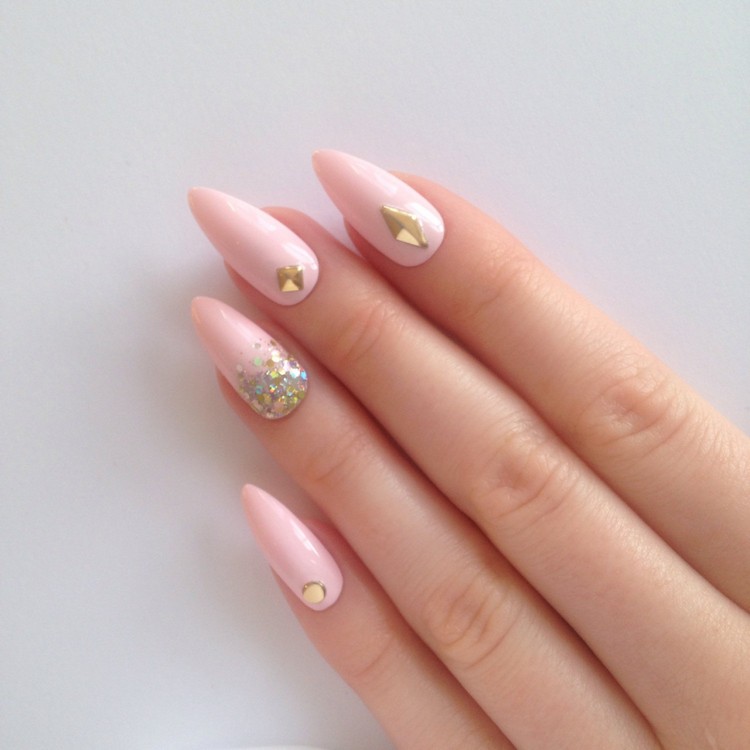 Baby Pink Stiletto Nail Art With Golden Caviar Beads Design Idea