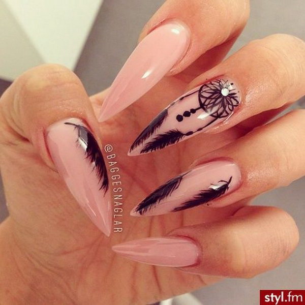 Baby Pink Stiletto Nails With Feather And Dreamcatcher Design Idea