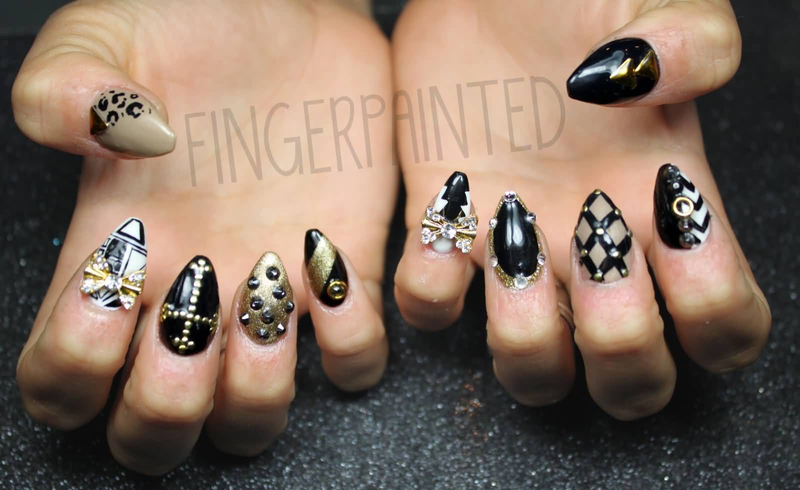 Beautiful 3D Black And Gold Stiletto Nail Art Designs
