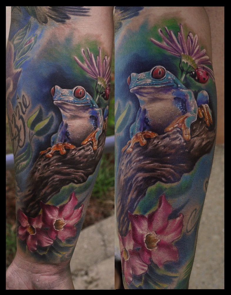 Beautiful 3D Reptile Frog On Branches Tattoo On Arm Sleeve