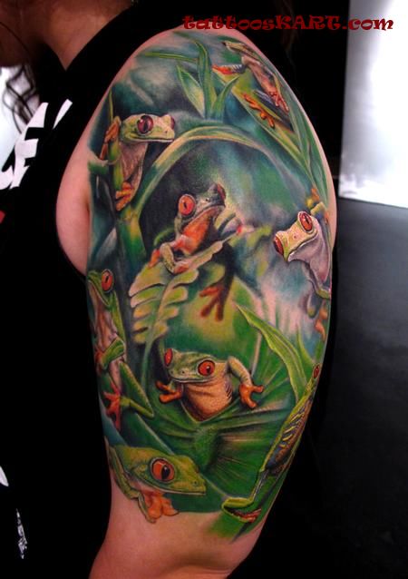 Beautiful 3D Reptile Frogs On Leaves Tattoo On Left Half Sleeve