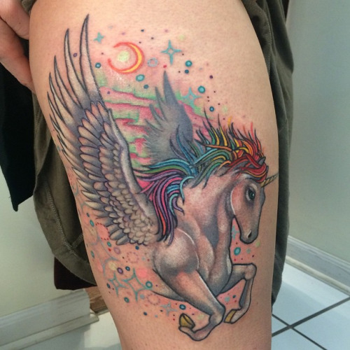 Beautiful Color Flying Pegasus With Half Moon Tattoo On Thigh