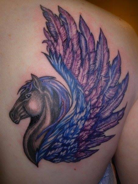 Beautiful Colored Pegasus Tattoo On Back Right Shoulder
