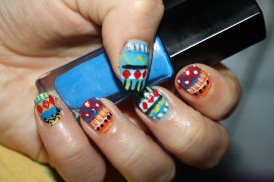 Beautiful Colorful Tribal Nail Art For Short Nails