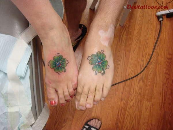 Beautiful Four Leaf Shamrock Matching Tattoos On Foots