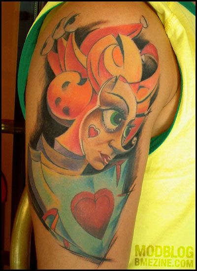 Beautiful Girl Jester Colorful Tattoo On Right Shoulder