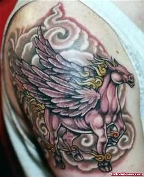 Beautiful Grey And Yellow Pegasus Tattoo On Right Shoulder