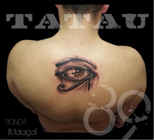 Beautiful Grey Ink 3D Horus Eye Tattoo On Upper Back