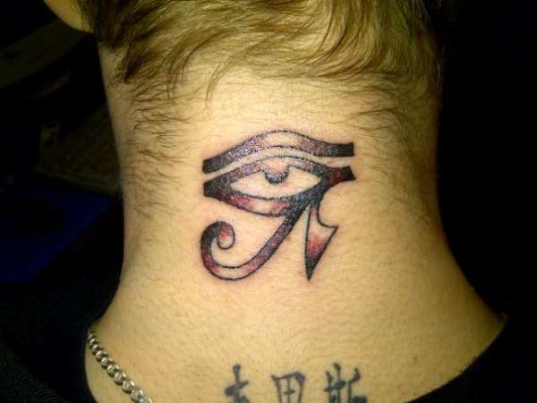 Beautiful Grey Ink Horus Eye Tattoo On Back Neck